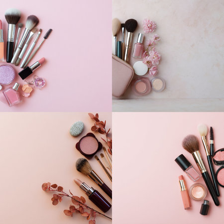 A top view flat lay of various elegant makeup and skincare products arranged with delicate pink flowers on a soft pastel background. The scene includes brushes, lipstick, powder, and cosmetic containers in a feminine and luxurious layout. Ideal for promoting beauty, wellness, and lifestyle products with a calming, clean, and modern aestheticの写真素材