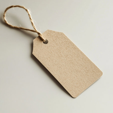 Minimalist paper tag mockup with natural fiber twine placed on a soft linen background. The scene...
