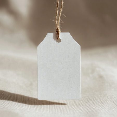 Minimalist paper tag mockup with natural fiber twine placed on a soft linen background. The scene...