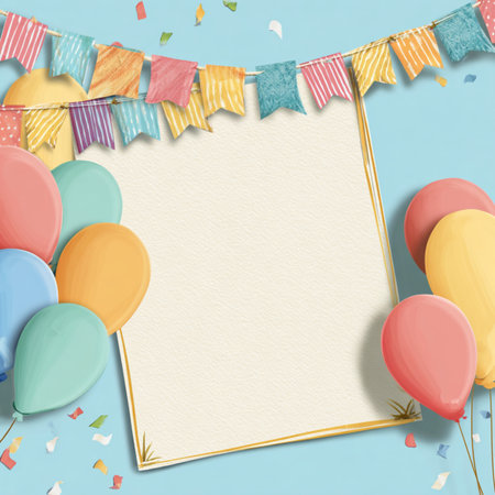 Playful and colorful kids birthday party invitation template with balloons, cake, and festive decorations. Perfect for greeting cards, party announcements, posters, and creative projectsの写真素材