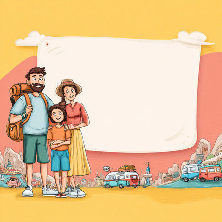 Playful and colorful cartoon-style banner featuring a happy family, fields, and rural landscape. Designed with a blank space for adding custom text, perfect for advertising, educational materials, children's content, or seasonal promotions. Bright colors and cheerful elements create a fun and friendly atmosphere, ideal for web or print useの写真素材