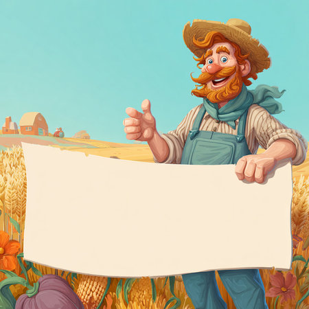 Playful and colorful cartoon-style farm banner featuring a happy farmer, cute animals, fields, and rural landscape. Designed with a blank space for adding custom text, perfect for advertising, educational materials, children's content, or seasonal promotions. Bright colors and cheerful elements create a fun and friendly atmosphere, ideal for web or print useの写真素材