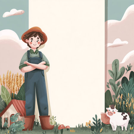 Playful and colorful cartoon-style farm banner featuring a happy farmer, cute animals, fields, and rural landscape. Designed with a blank space for adding custom text, perfect for advertising, educational materials, children's content, or seasonal promotions. Bright colors and cheerful elements create a fun and friendly atmosphere, ideal for web or print useの写真素材
