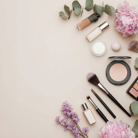 A top view flat lay of various elegant makeup and skincare products arranged with delicate pink flowers on a soft pastel background. The scene includes brushes, lipstick, powder, and cosmetic containers in a feminine and luxurious layout. Ideal for promoting beauty, wellness, and lifestyle products with a calming, clean, and modern aestheticの写真素材
