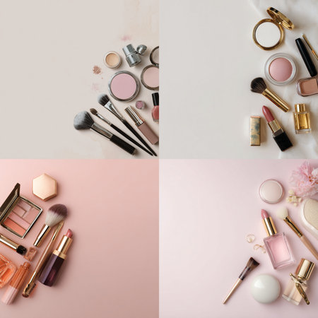 A top view flat lay of various elegant makeup and skincare products arranged with delicate pink flowers on a soft pastel background. The scene includes brushes, lipstick, powder, and cosmetic containers in a feminine and luxurious layout. Ideal for promoting beauty, wellness, and lifestyle products with a calming, clean, and modern aestheticの写真素材