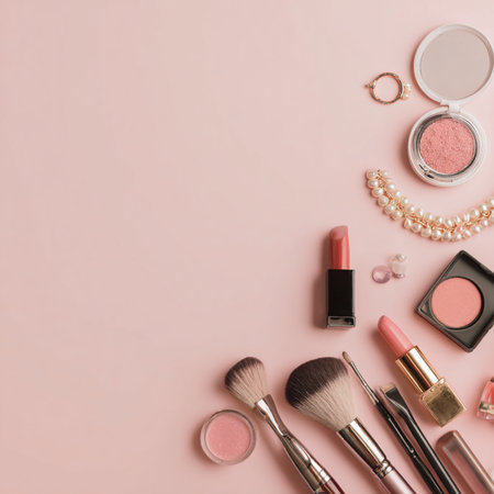 A top view flat lay of various elegant makeup and skincare products arranged with delicate pink flowers on a soft pastel background. The scene includes brushes, lipstick, powder, and cosmetic containers in a feminine and luxurious layout. Ideal for promoting beauty, wellness, and lifestyle products with a calming, clean, and modern aestheticの写真素材