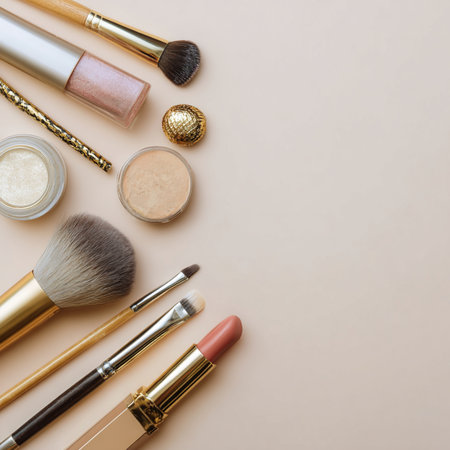 A top view flat lay of various elegant makeup and skincare products arranged with delicate pink flowers on a soft pastel background. The scene includes brushes, lipstick, powder, and cosmetic containers in a feminine and luxurious layout. Ideal for promoting beauty, wellness, and lifestyle products with a calming, clean, and modern aestheticの写真素材