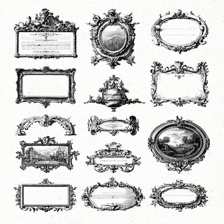 Set of vintage decorative frames and ornate borders with elegant flourishes. Perfect for invitations, greeting cards, wedding templates, retro posters, and classic design projectsの写真素材