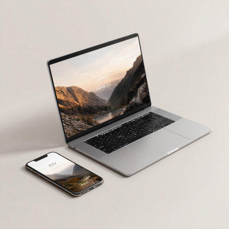 Minimal laptop and phone mockup with clean screen design, ideal for app presentation, website showcase, branding templates, and creative advertising projectsの写真素材