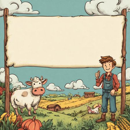Playful and colorful cartoon-style farm banner featuring a happy farmer, cute animals, fields, and rural landscape. Designed with a blank space for adding custom text, perfect for advertising, educational materials, children's content, or seasonal promotions. Bright colors and cheerful elements create a fun and friendly atmosphere, ideal for web or print useの写真素材