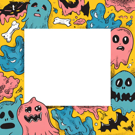 A colorful and playful Halloween poster or banner in cartoon style featuring vibrant layered abstract shapes and a central blank area for custom text or messages. Perfect for party invitations, seasonal promotions, social media posts, or event flyers. This fun and festive design combines Halloween elements like spooky colors and whimsical patterns, appealing to both children and adultsの写真素材