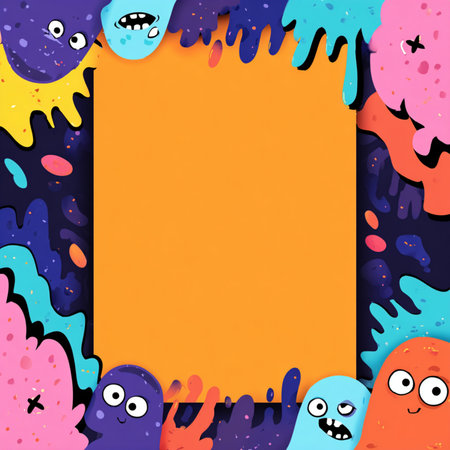 A colorful and playful Halloween poster or banner in cartoon style featuring vibrant layered abstract shapes and a central blank area for custom text or messages. Perfect for party invitations, seasonal promotions, social media posts, or event flyers. This fun and festive design combines Halloween elements like spooky colors and whimsical patterns, appealing to both children and adultsの写真素材