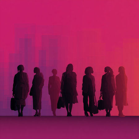 A modern neon-style illustration featuring two glowing female silhouettes on a dark gradient background, symbolizing femininity, empowerment, and creativity. Perfect for International Women's Day posters, banners, event promotions, greeting cards, and digital advertisingの写真素材