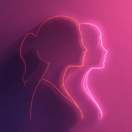 A modern neon-style illustration featuring two glowing female silhouettes on a dark gradient background, symbolizing femininity, empowerment, and creativity. Perfect for International Women's Day posters, banners, event promotions, greeting cards, and digital advertisingの写真素材