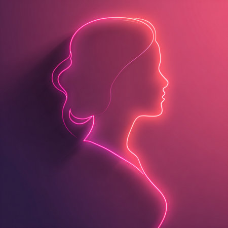 A modern neon-style illustration featuring two glowing female silhouettes on a dark gradient background, symbolizing femininity, empowerment, and creativity. Perfect for International Women's Day posters, banners, event promotions, greeting cards, and digital advertisingの写真素材