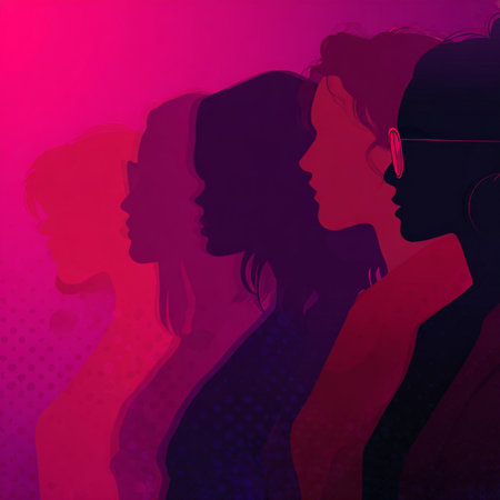 Vibrant neon line-art silhouettes of women on a dark glowing background. Ideal for 8 March celebrations, feminine artwork, event branding, posters, invitations, and modern promotional materialsの写真素材