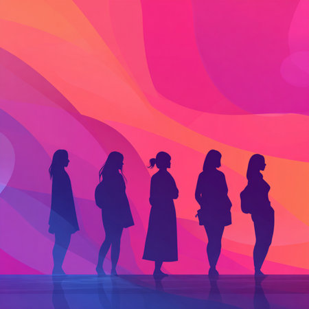 Vibrant neon line-art silhouettes of women on a dark glowing background. Ideal for 8 March celebrations, feminine artwork, event branding, posters, invitations, and modern promotional materialsの写真素材