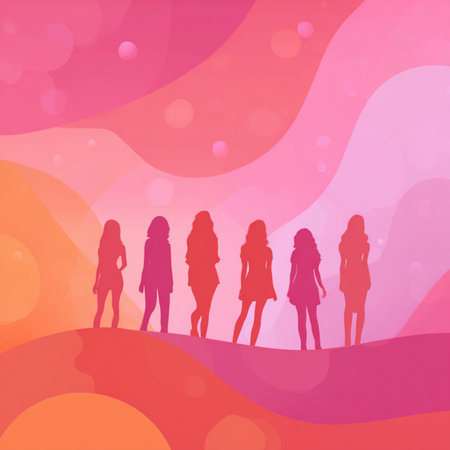 Vibrant neon line-art silhouettes of women on a dark glowing background. Ideal for 8 March celebrations, feminine artwork, event branding, posters, invitations, and modern promotional materialsの写真素材