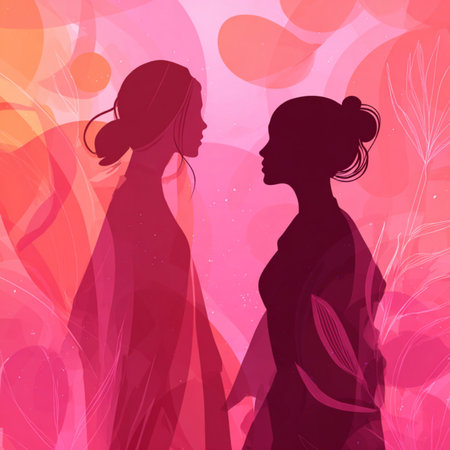 Vibrant neon line-art silhouettes of women on a dark glowing background. Ideal for 8 March celebrations, feminine artwork, event branding, posters, invitations, and modern promotional materialsの写真素材