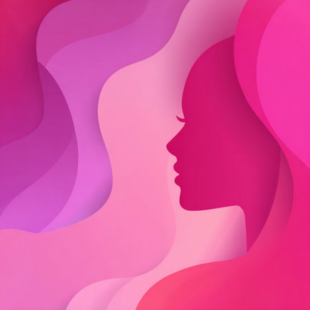 A modern neon-style illustration featuring two glowing female silhouettes on a dark gradient background, symbolizing femininity, empowerment, and creativity. Perfect for International Women's Day posters, banners, event promotions, greeting cards, and digital advertisingの写真素材