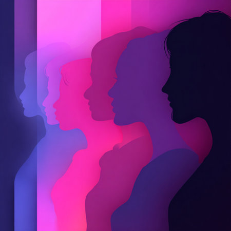 Vibrant neon line-art silhouettes of women on a dark glowing background. Ideal for 8 March celebrations, feminine artwork, event branding, posters, invitations, and modern promotional materialsの写真素材