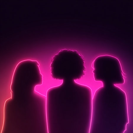 Vibrant neon line-art silhouettes of women on a dark glowing background. Ideal for 8 March celebrations, feminine artwork, event branding, posters, invitations, and modern promotional materialsの写真素材