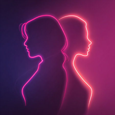 Vibrant neon line-art silhouettes of women on a dark glowing background. Ideal for 8 March celebrations, feminine artwork, event branding, posters, invitations, and modern promotional materialsの写真素材