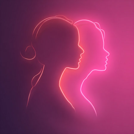 Vibrant neon line-art silhouettes of women on a dark glowing background. Ideal for 8 March celebrations, feminine artwork, event branding, posters, invitations, and modern promotional materialsの写真素材