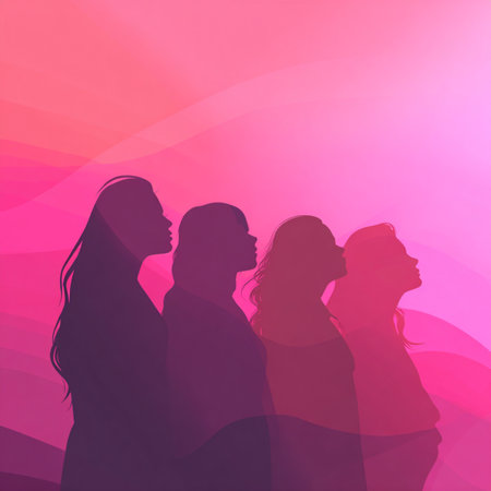 Vibrant neon line-art silhouettes of women on a dark glowing background. Ideal for 8 March celebrations, feminine artwork, event branding, posters, invitations, and modern promotional materialsの写真素材