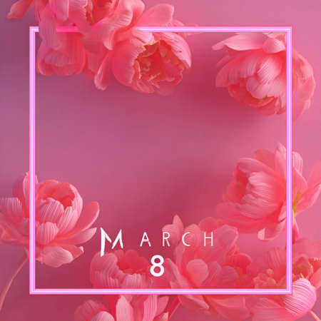 A soft pink luxury background with a glowing neon number 8 and bright âMarchâ lettering framed in gold. Elegant 3D design with luminous highlights and glossy textures. Perfect for Women's Day greeting cards, holiday banners, festive posters, and modern promotional designsの写真素材