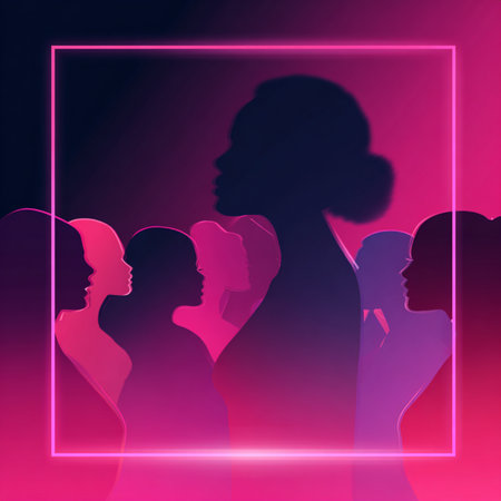 Vibrant neon line-art silhouettes of women on a dark glowing background. Ideal for 8 March celebrations, feminine artwork, event branding, posters, invitations, and modern promotional materialsの写真素材