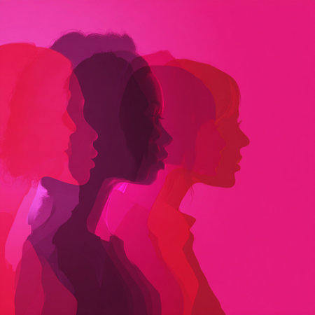 Vibrant neon line-art silhouettes of women on a dark glowing background. Ideal for 8 March celebrations, feminine artwork, event branding, posters, invitations, and modern promotional materialsの写真素材