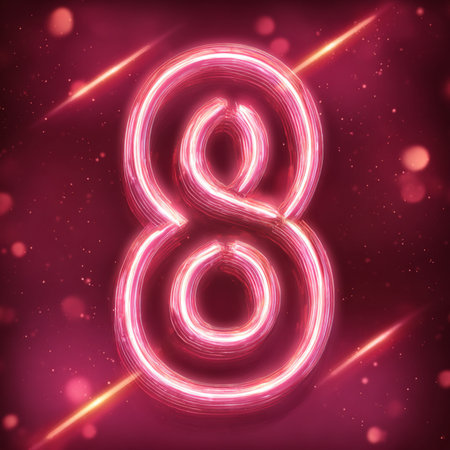 A soft pink luxury background with a glowing neon number 8 and bright âMarchâ lettering framed in gold. Elegant 3D design with luminous highlights and glossy textures. Perfect for Women's Day greeting cards, holiday banners, festive posters, and modern promotional designsの写真素材