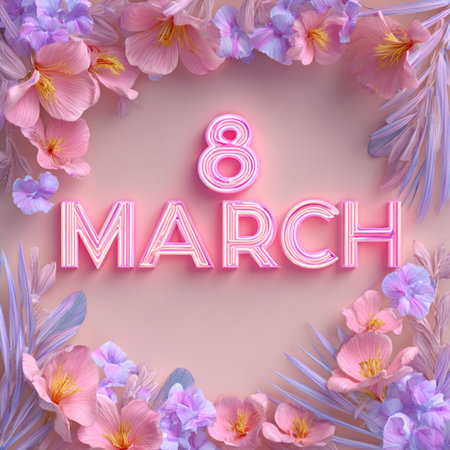 A soft pink luxury background with a glowing neon number 8 and bright âMarchâ lettering framed in gold. Elegant 3D design with luminous highlights and glossy textures. Perfect for Women's Day greeting cards, holiday banners, festive posters, and modern promotional designsの写真素材