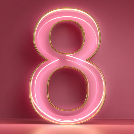 A soft pink luxury background with a glowing neon number 8 and bright âMarchâ lettering framed in gold. Elegant 3D design with luminous highlights and glossy textures. Perfect for Women's Day greeting cards, holiday banners, festive posters, and modern promotional designsの写真素材