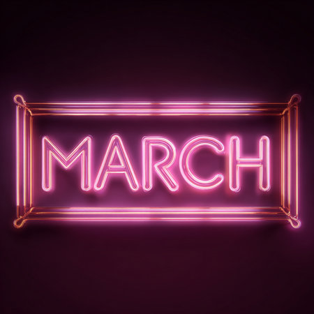 A soft pink luxury background with a glowing neon number 8 and bright "March" lettering framed in gold. Elegant 3D design with luminous highlights and glossy textures. Perfect for Women's Day greeting cards, holiday banners, festive posters, and modern promotional designsの写真素材