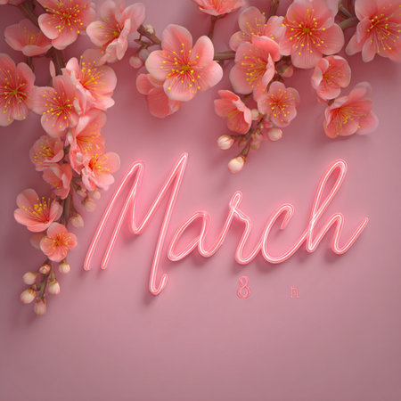 A soft pink luxury background with a glowing neon number 8 and bright â€œMarchâ€ lettering...