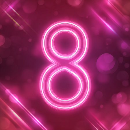 A luxurious glowing neon composition with a large number 8 and â€œMarchâ€ lettering in pink...