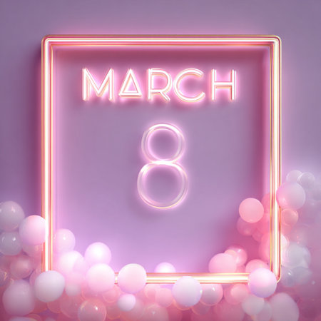 A soft pink luxury background with a glowing neon number 8 and bright âMarchâ lettering framed in gold. Elegant 3D design with luminous highlights and glossy textures. Perfect for Women's Day greeting cards, holiday banners, festive posters, and modern promotional designsの写真素材