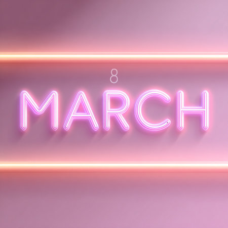 A soft pink luxury background with a glowing neon number 8 and bright â€œMarchâ€ lettering...