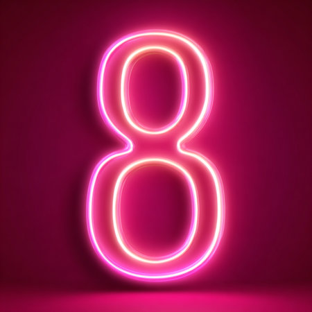 A soft pink luxury background with a glowing neon number 8 and bright âMarchâ lettering framed in gold. Elegant 3D design with luminous highlights and glossy textures. Perfect for Women's Day greeting cards, holiday banners, festive posters, and modern promotional designsの写真素材