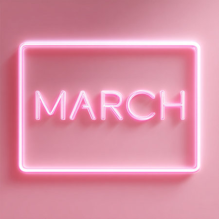 A soft pink luxury background with a glowing neon number 8 and bright â€œMarchâ€ lettering...