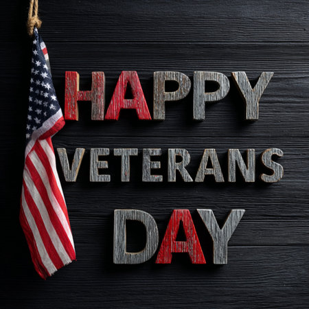 Happy Veterans Day concept featuring a rustic chalkboard with handwritten text and the American flag. Patriotic background ideal for holiday banners, posters, greeting cards, social media, and military tribute designs in the United States.