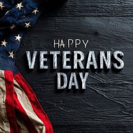 Happy Veterans Day concept featuring a rustic chalkboard with handwritten text and the American flag. Patriotic background ideal for holiday banners, posters, greeting cards, social media, and military tribute designs in the United States.の写真素材