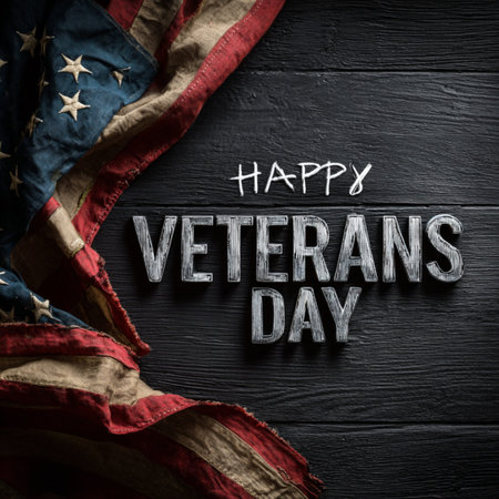 Happy Veterans Day concept featuring a rustic chalkboard with handwritten text and the American flag. Patriotic background ideal for holiday banners, posters, greeting cards, social media, and military tribute designs in the United States.の写真素材