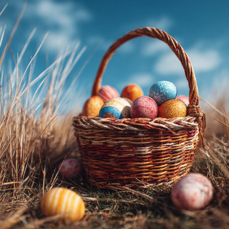 Traditional Easter basket filled with colorful painted eggs standing on fresh green grass under a...