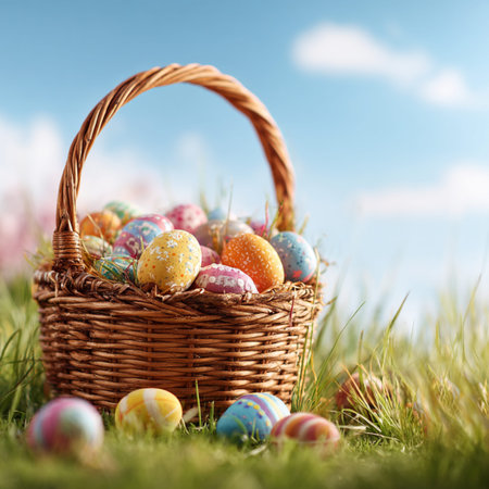 Traditional Easter basket filled with colorful painted eggs standing on fresh green grass under a...