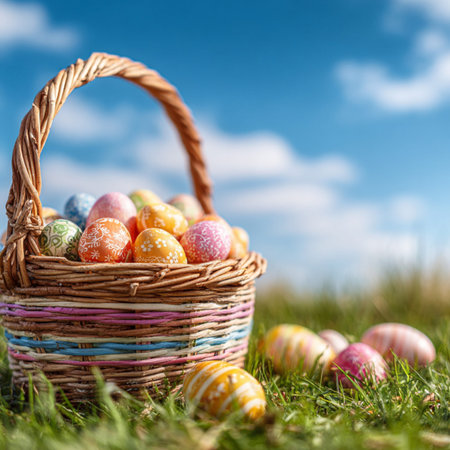 Traditional Easter basket filled with colorful painted eggs standing on fresh green grass under a...