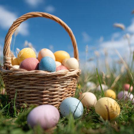 Traditional Easter basket filled with colorful painted eggs standing on fresh green grass under a...