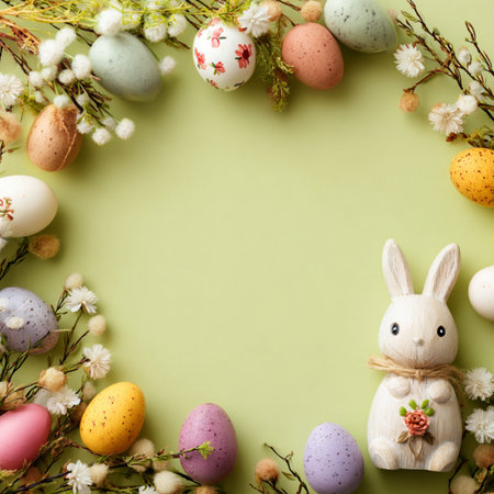 Beautiful Easter background with pastel colored eggs, spring flowers and a wooden bunny forming a...